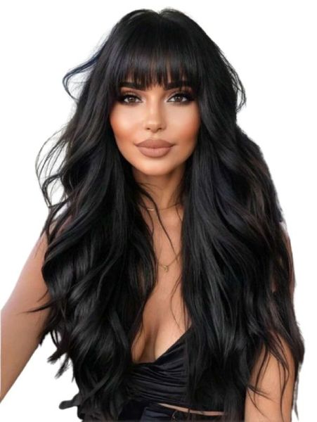 Black Long Curly Wig With Fringe