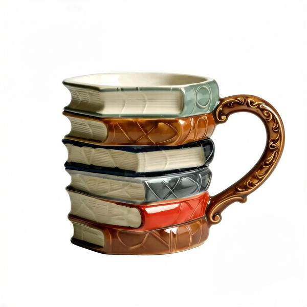 320ml Stacked Book Shaped Ceramic Coffee Mug, Novelty Design with Handle