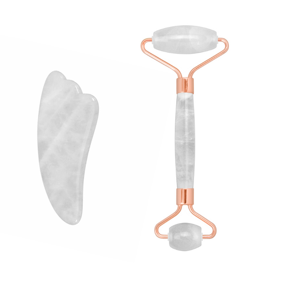 Clear Crystal Quartz Roller &amp; Gua Sha with Rosegold Handles