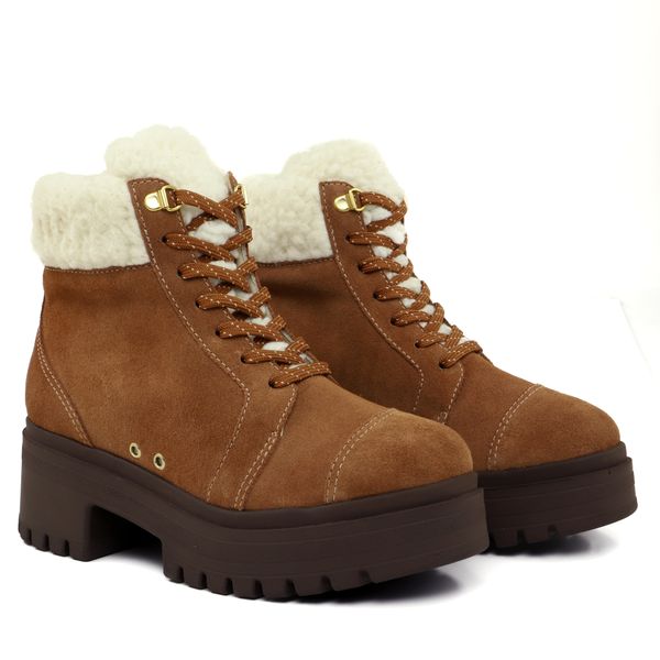 Usaflex Suede Boots With Fur Accent - Camel Brown