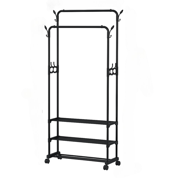 Multifunctional 3-Tier Rolling Shoe Rack, hanger &amp; Organizer - Space-Saving