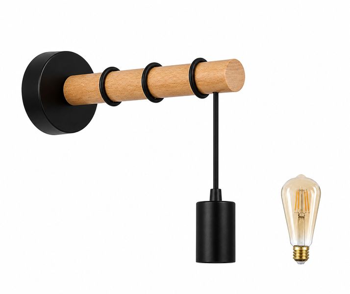 Modern Wooden Wall Light with Vintage E27 LED Bulb Black Decor