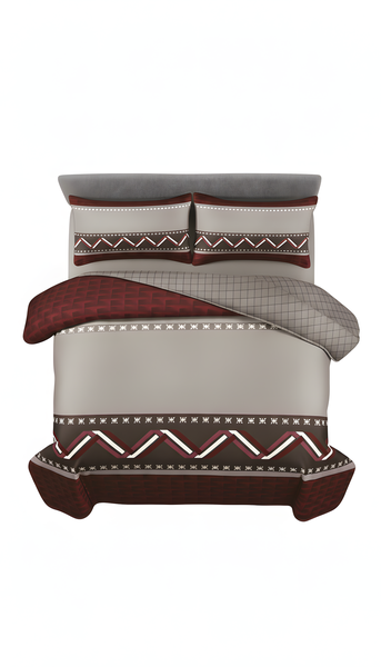 Chevron Queen Duvet Cover Set Bed Linen Bedding Maroon &amp; Grey 4 Pcs
