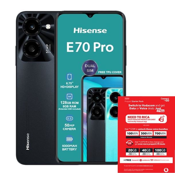 Hisense E70 Pro 128GB Dual Sim - Black + Vodacom SIM Card Pack