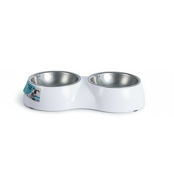 PET DOG/CAT BOWL PL + S/S 12cm DOUBLE - White Twin Feeding Bowl