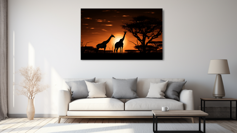Canvas Wall Art - Grazing Giraffes Sihouette - MT0261
