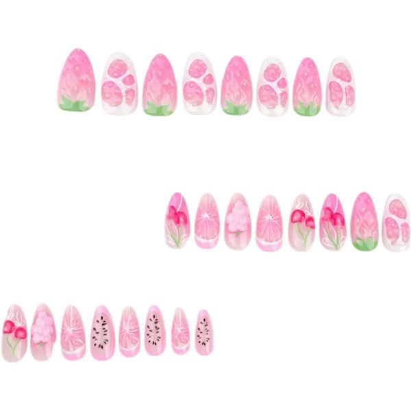 French Sweet Fruit Pattern Nail Art Pink False Nails