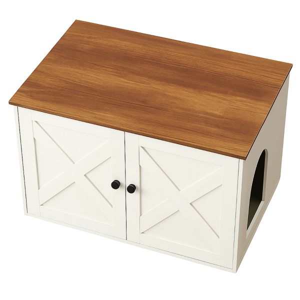Wooden Cat Litter Box Cabinet with Tabletop &amp; Divider - White