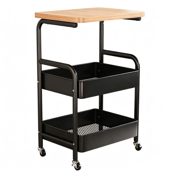 3 Tier Rolling Metal Cart with Wooden Tabletop Moveable Storage Organizer