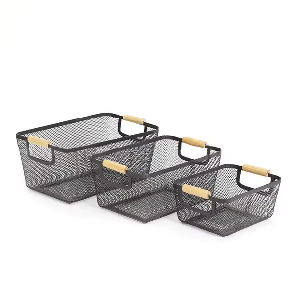 3 Metal Wire Basket with Wooden Handle
