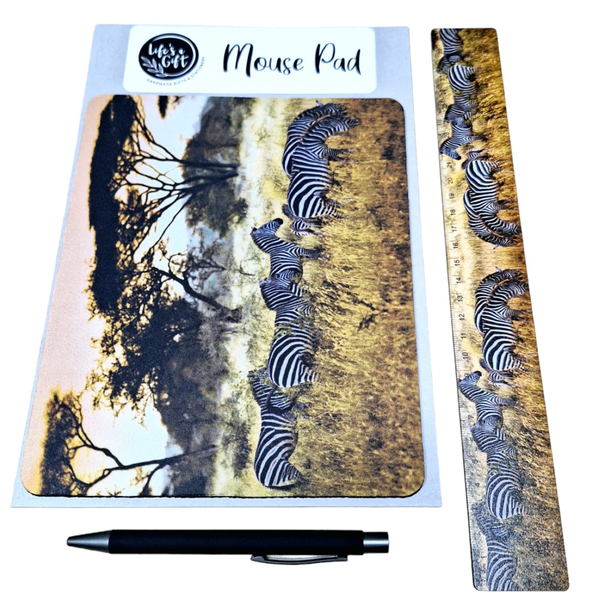 Mouse Pad, 30cm Ruler &amp; Pen Combo - Grazing Zebras