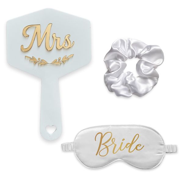 Hand Held Bridal Mrs Wedding Make Up Mirror, Scrunchie &amp; Eye Mask Gift Set