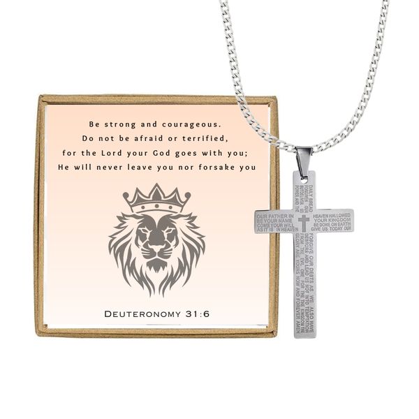 Silver Stainless Steel Lord's Prayer Necklace, Card and Gift Box Set