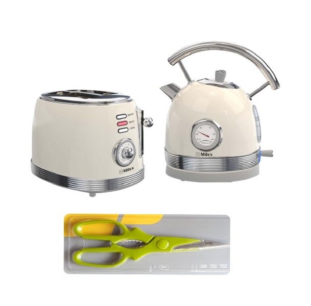 Milex Ivory Retro Breakfast Toaster and Kettle Combo + Kitchen Shears