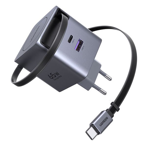 UGreen Nexode 2 Port 65W GaN Charger With Retractable USB-C Cable - Grey