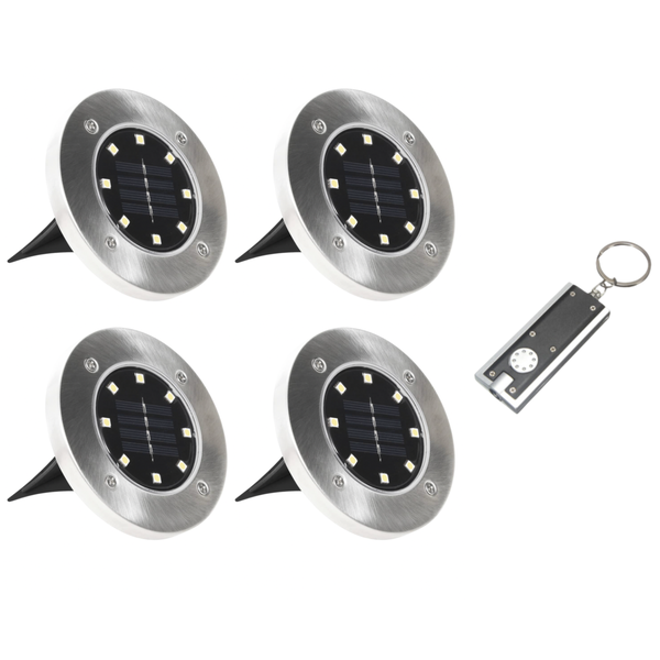 Solar Powered Ground Disc Lights with LED Keyring Torch - 4 Pack