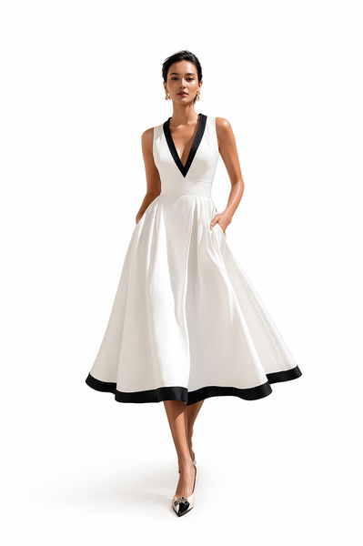 Makusa Elegant A-Line Midi Dress - White with Black trim