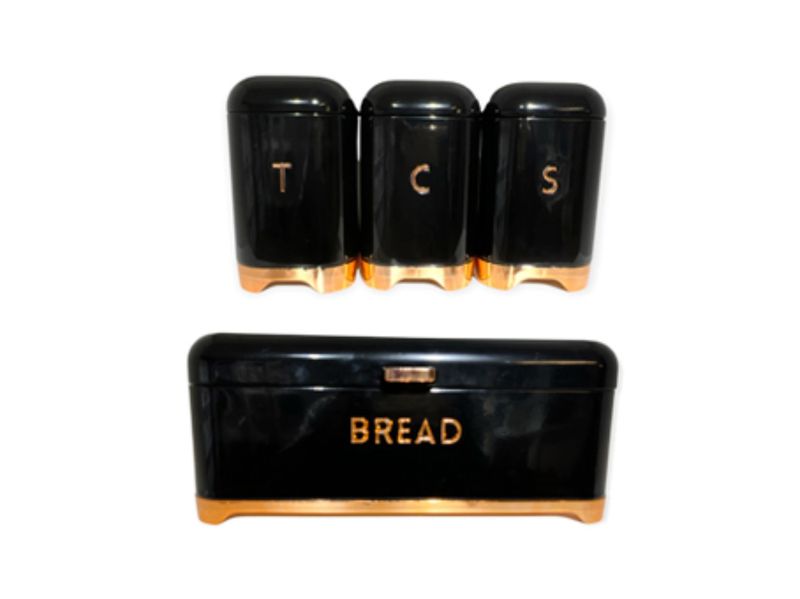 Continental Homeware Black BreadBin with Rosegold Base &amp;3pcs Canister Set