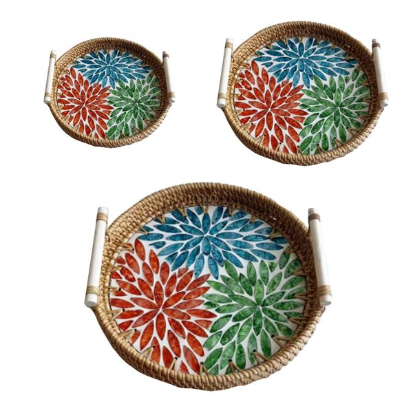 Decor Round Rattan Acrylic Resin Look Tray With Wooden Handles 3 Pieces
