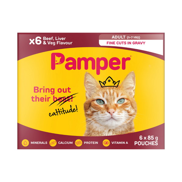 Pamper Adult Wet Cat Food Beef &amp; Liver &amp; Veg Flavour Multi-Pack (6 x 85g)