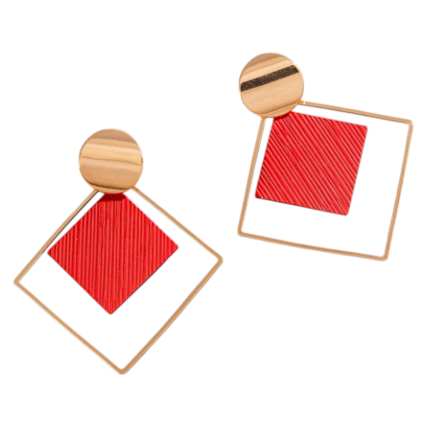 Geometric Elegance Red and Gold Statement Earrings - Gold-Toned