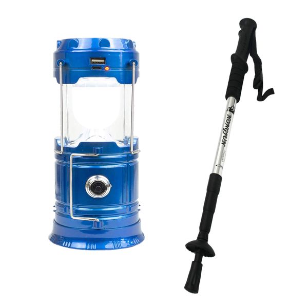 Aluminium Collapsible Trekking Pole - Silver &amp; Solar Camping Lantern Combo