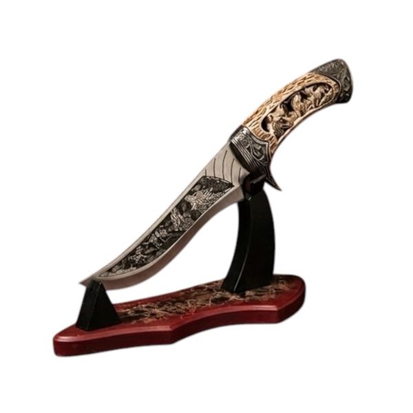 Knife with Display Stand Etched Blade &amp; Carved Bone Handle