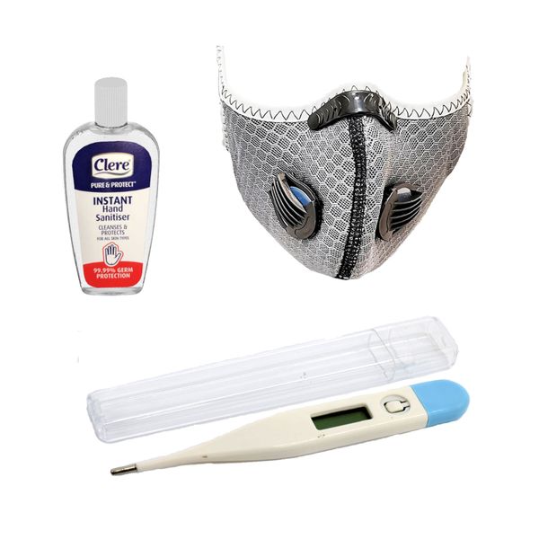 Reusable Sports Face Mask Grey-Clere Hand Sanitizer 100ml-Thermometer