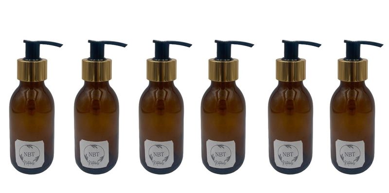 NBT Naturals -Empty Glass Bottle &amp;Gold &amp; Black Lotion Pump-Amber - 6 Pack