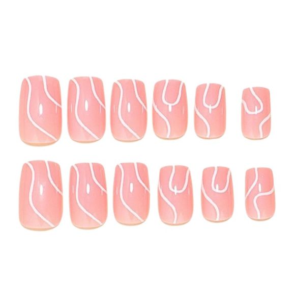 24 Piece - Almond Shape Nail Set with White &amp; Gold Accent - Pink