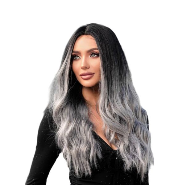 Synthetic Wavy 24Inch Wig Middle-Part - Black &amp; Grey