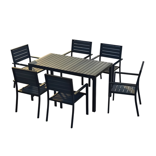 7-Piece Outdoor Dining Set - Rectangular Plastic Wood Table with 6 Armchair