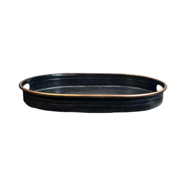 Oval Black Metal Serving Tray with Gold Rim