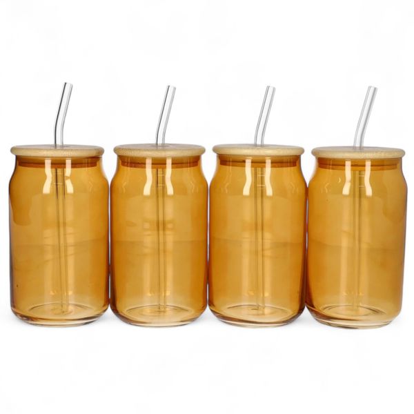 Orange Cocktail Drinking Glasses with Bamboo Lid and Glass Straw - Set of 4