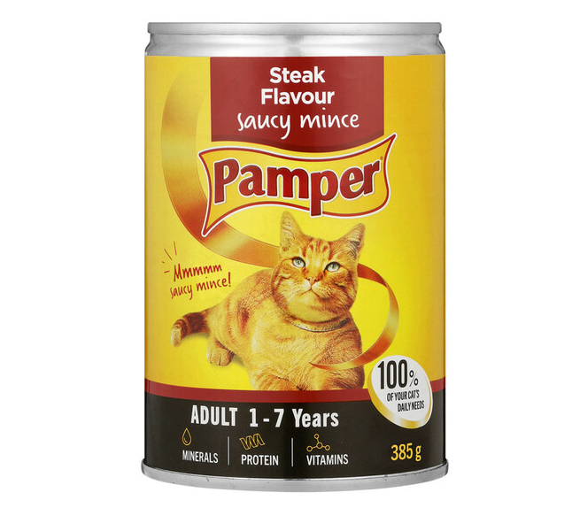 Pamper Steak Flavour Saucy Mince Moist Cat Food (12 Cans x 385g)