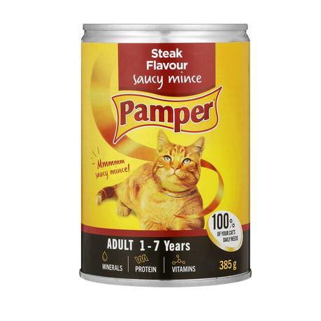 Pamper Steak Flavour Saucy Mince Moist Cat Food 12 Cans x 385g