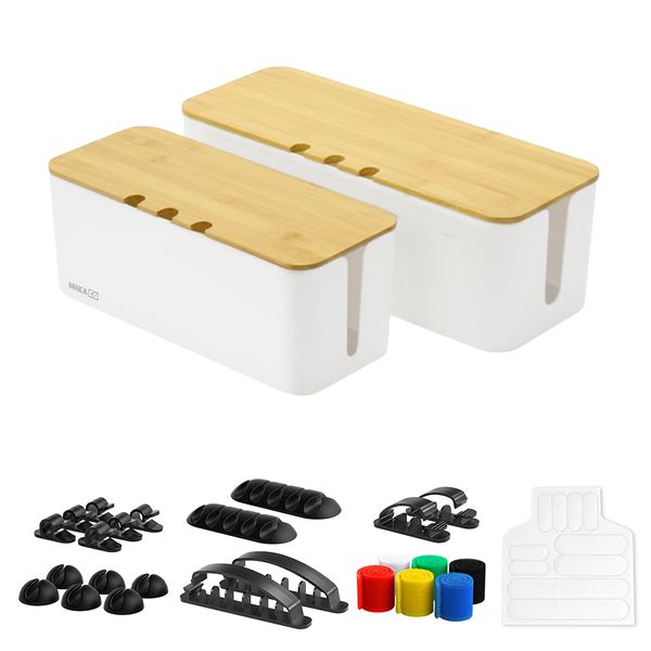 MIkaco Cable Management Box Organizer w/Bamboo Lid Cord Cable Clips&amp;Straps