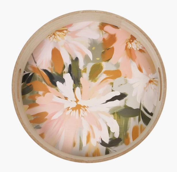 Lotus Floral Painted Round Serving Tray