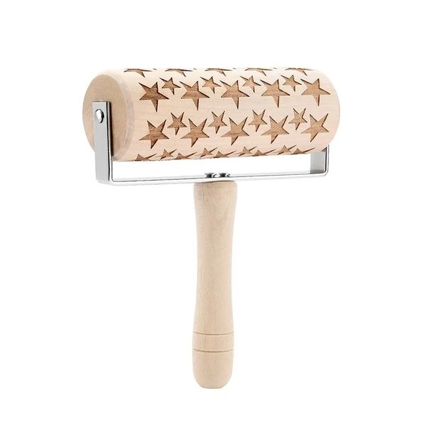 Wooden Stars Design Embossed Baking Rolling Pin With Handle