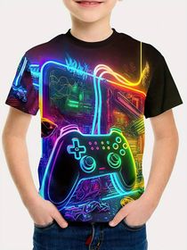 Boys Black Gaming Console Print T-Shirt With Denim Shorts Set