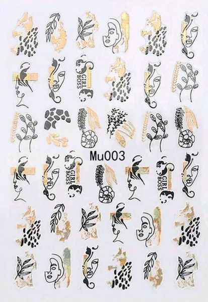 Black &amp; Gold plant abstract lines , Women Faces Silhoutte Nail stickers