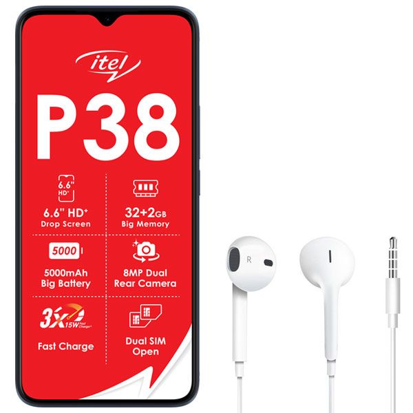 Itel P38 32GB DS Black + Blaupunkt Earphones White