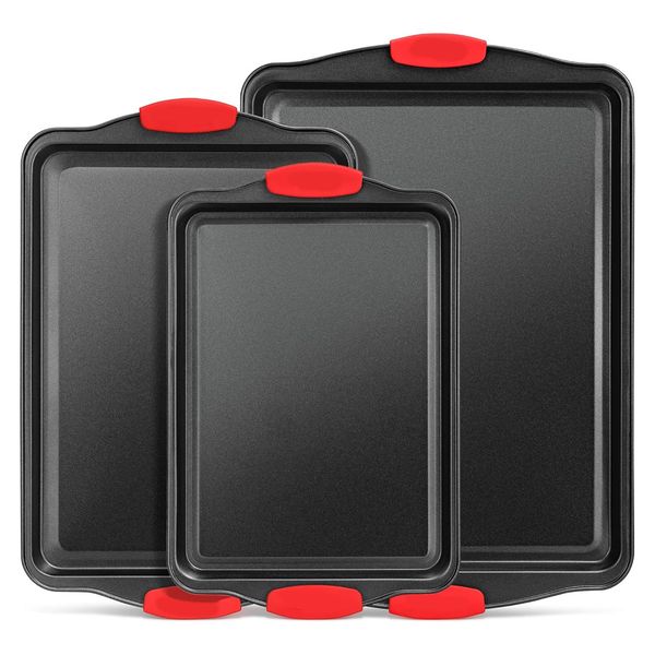 3 Pieces Baking Pans Set Nonstick Cookie Sheet Tray Bakeware for Kitchen