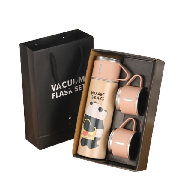 Animated 500ml Insulated Vacuum Flask with 3 Mugs Set- Pink