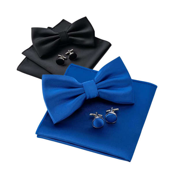 Ljczka Mens Solid Color Double Fold Pre-tied Bow Tie &amp; Cufflink Set