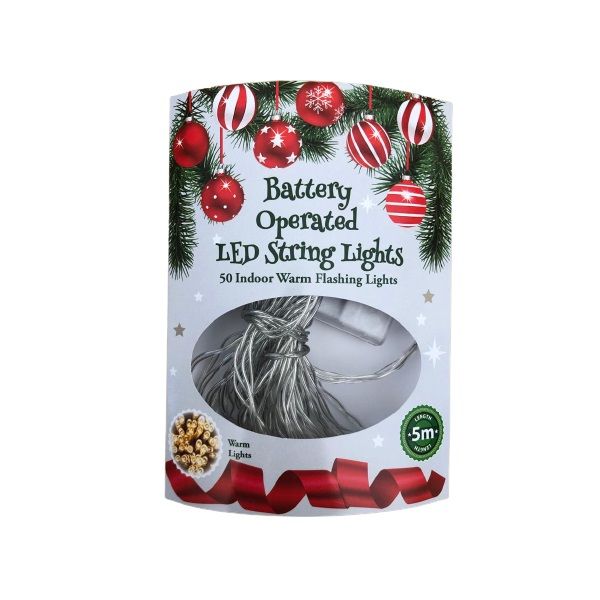 Led Christmas String Lights Static &amp; Flashing - 5m (Warm Light) Pack of 2