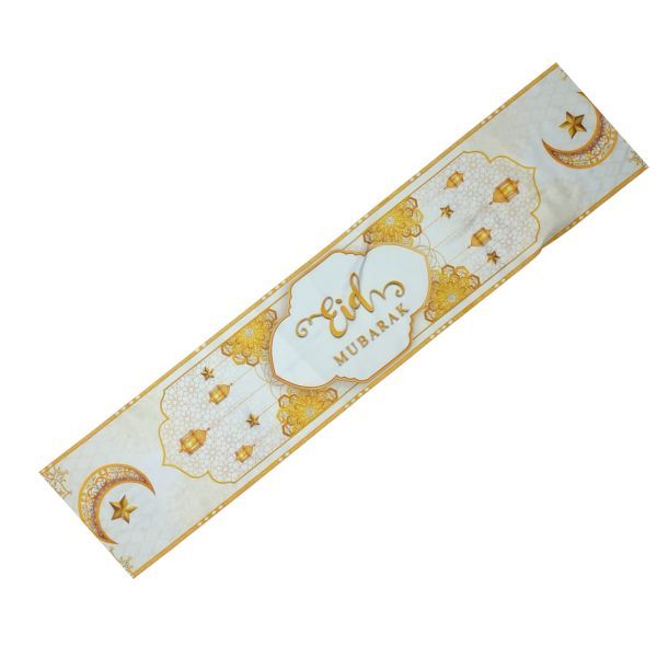 Eid Mubarak White &amp; Gold Polyester Table Runner H23