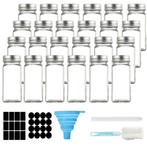24 Piece - Spice Jars Containers with Black Lid, Label, Brush, Pen, Funnel