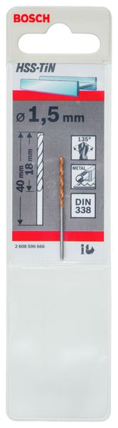 HSS-TiN Metal Drill Bits, DIN 338 1,5 x 18 x 40 mm