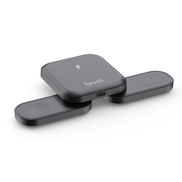 Budi 3-in-1 Wireless Charger-iPhone,iWatch &amp;AirPods, Foldable Travel, Black